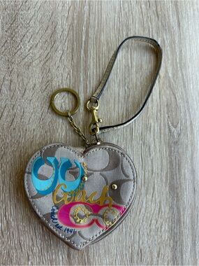 Coach Heart Keyring Wristlet in Beige with Blue and Pink Accents